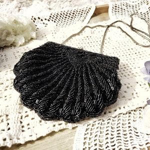 Vintage Black Beaded Long Chained Purse Bag